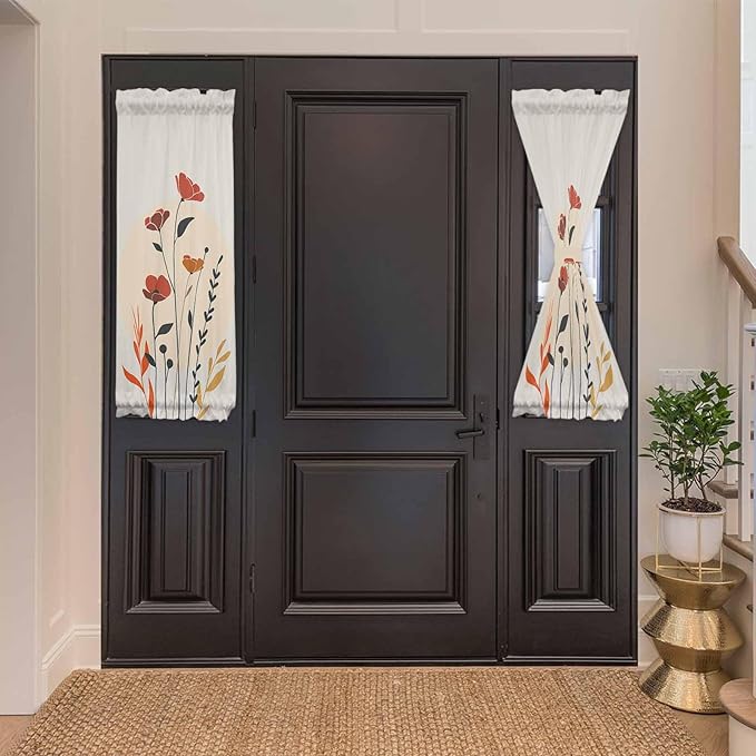 French Door Curtain Panel for Front Door, Orange Floral Flower Slidelight Door Curtains with Tieback Light Filtering Privacy Panels for Doorway Entryway 25"x 40"
