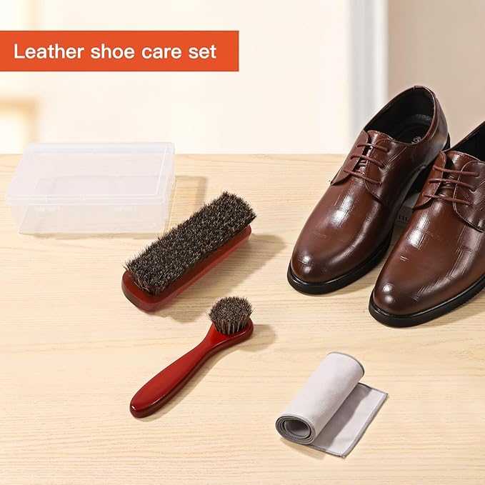 4Pcs Horsehair Shine Shoes Brush Kit, Horse Hair Brush for Leather, Cleaning Leather Shoes Boots Care Brushes with Microfiber Shoe Cloth, Horsehair Brush