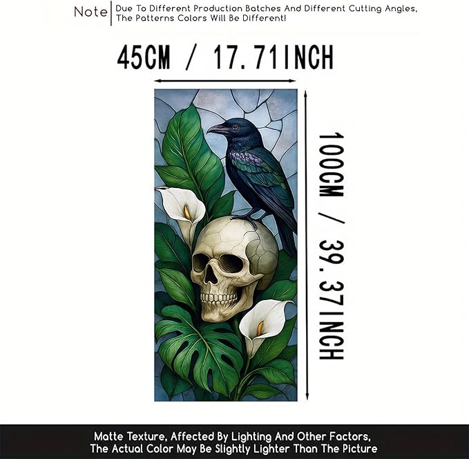 Gothic Raven Skull Privacy Film Static Cling Stained Glass Panel No Glue Decorative Cover for Halloween Door Studio Bathroom Partition 17.7x39.3 inch