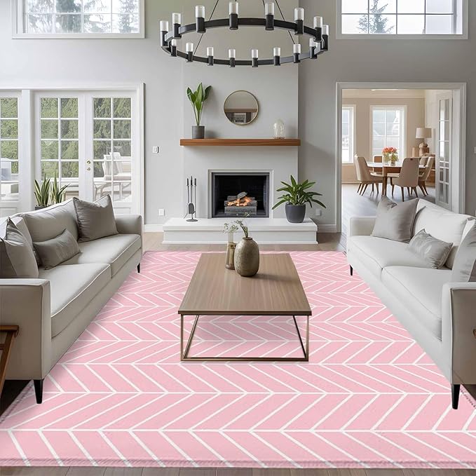 Pink Herringbone Stripes 8'x10' Large Area Rugs, Modern Abstract Geometric Pink Simple Lines Washable Area Rugs Non-Slip Indoor Floor Mats Large Carpet for Living Room Bedroom Dining Room