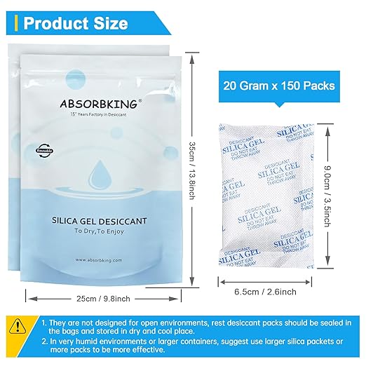 Absorbking Silica Gel Packets, 20 Gram 150 Packs Food Safe Moisture Absorbers, Desiccant Packs for Storage, Reusable Desiccant for Foods, Storage Bins, 3D Filaments, Electronics, Safes