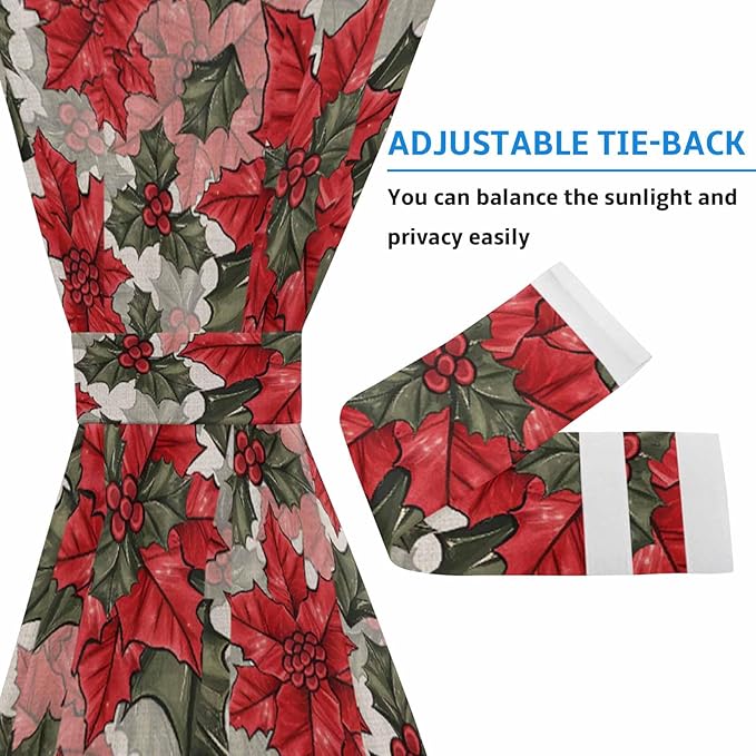 Christmas French Door Curtain Panel for Front Door, Vintage Xmas Poinsettia Floral Farmhouse Slidelight Door Curtains with Tieback Light Filtering Privacy Panels for Doorway Entryway 25"x 40"