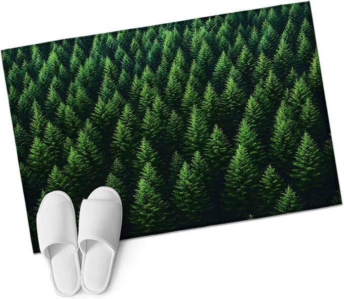 Green Forest Entryway Rug 2'x3', Pine Trees Forest Landscape Style Summer Small Area Rug Non-Slip Front Door Mat Washable Floor Carpet for Indoor Entrance Kitchen Bathroom