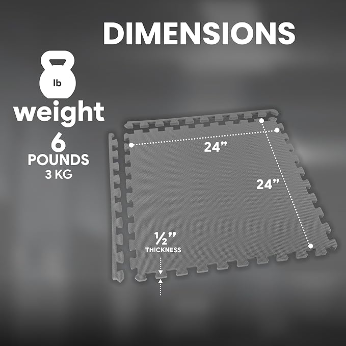 BalanceFrom Puzzle Exercise Mat 1/2' Thick, EVA Interlocking Foam Floor Tiles for Home Gym, Mat for Home Workout Equipment, Floor Padding for Kids, Gray, 24 in x 24 in x 1/2 in, 48 Sq Ft - 12 Tiles