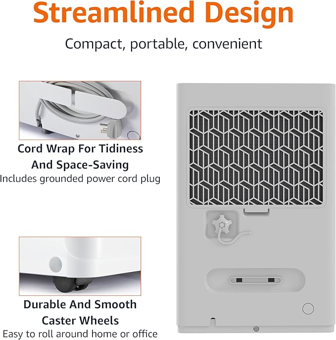 Amazon Basics 35-Pint Large Dehumidifier for Home, Energy Star Certified, Humidity Control, Auto-Defrost, Timer, Overflow Protection, for Rooms up to 2500 SFT, White