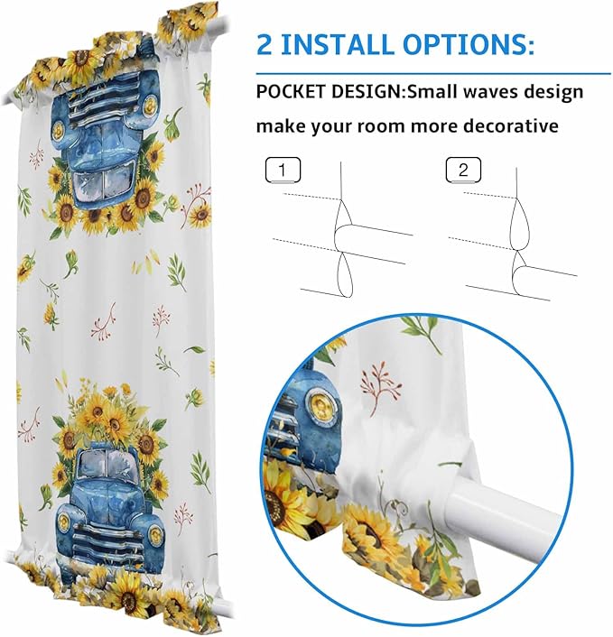 French Door Curtain Panel for Front Door Sunflower Blue Truck Summer Slidelight Door Curtains with Tieback Light Filtering Privacy Panels for Doorway Entryway 25"x 40"