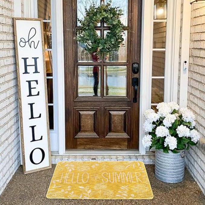 Hello Summer Door Mat Welcome Doormat, Plants Outdoor Rug Leaves Decor Floor Front Door Mat Non-Slip Entrance Mat for Home Kitchen Bathroom Decorations 17 X 29 Inch (Yellow)