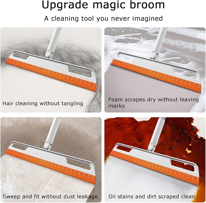 Multifunction Rubber Air Broom, Silicone Floor Squeegee, Air Broom, Rubber Squeegee with 56" Long Handle, Floor Scraping Sweeper Wiper for Bathroom Shower Kitchen Pet Hair Fur Marble Tile (Orange)
