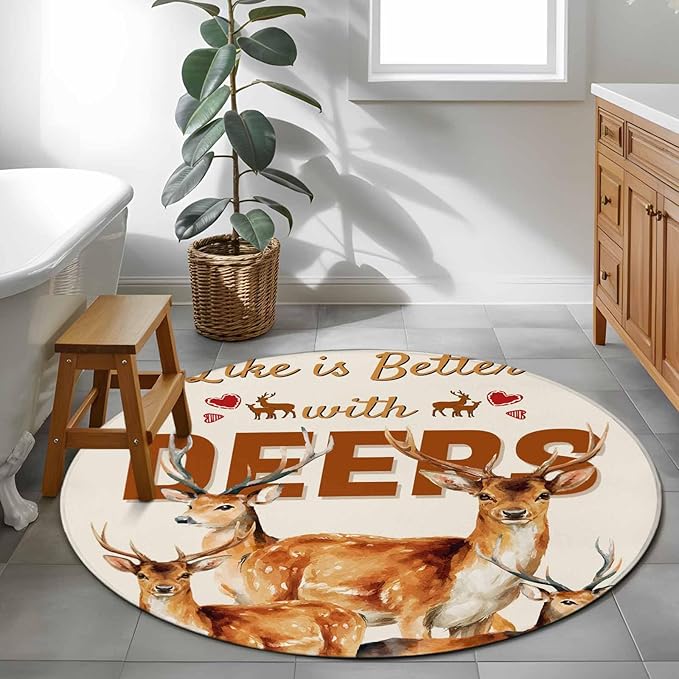 Beige Deer Small Round Rug 3 Ft, Wildlife Animals Rustic Farmhouse Elk Rustic Farmhouse Area Rugs Washable Non Slip Indoor Floor Mats Circle Carpet for Living Room Bedroom Dining Room Home Decor
