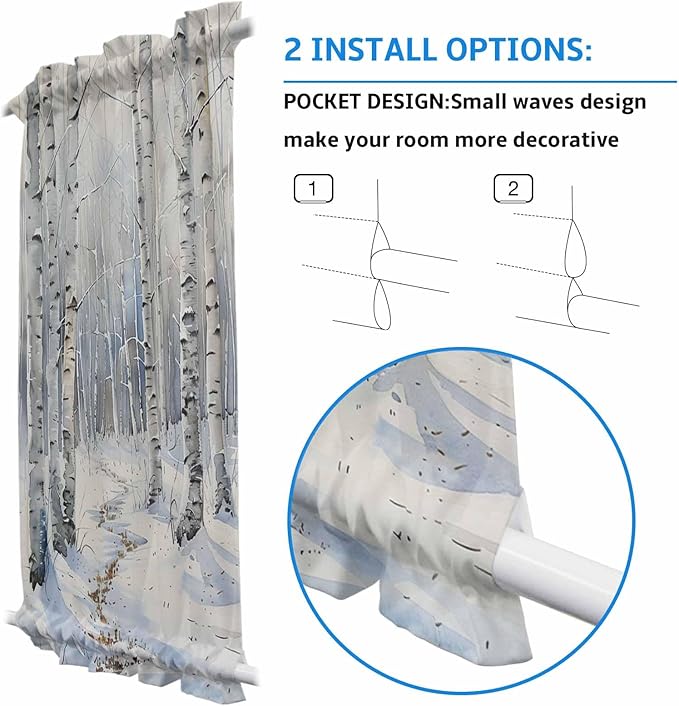 French Door Curtain Panel for Front Door, Watercolor Winter Birch Forest Path White Snow Slidelight Door Curtains with Tieback Light Filtering Privacy Panels for Doorway Entryway 25"x 40"
