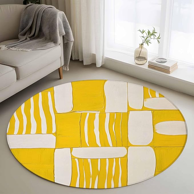 Impressionist Style Small Round Rug 3 Ft, Yellow Abstract Blurred Color Area Rugs Washable Non Slip Indoor Floor Mats Circle Carpet for Living Room Bedroom Dining Room Home Decor