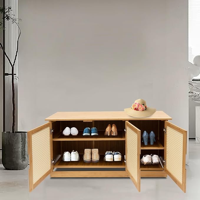 Shoe Storage Bench,Rattan Shoe Bench,Shoe Storage Bench Organizer,Entryway Shoe Bench with Plastic Rattan Doors,Shoe Rack Organizer Adjtable Shelves,Shoe Rack Organizer Space,for Bedroom