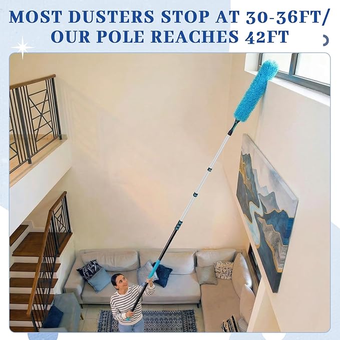 42ft Extra Long High Ceiling Duster with Extension Pole, Long Reach Cleaning Kit for Ceiling Fans, Windows & Cobwebs, Telescoping Pole with 6 Attachments for Home Church Warehouse Cleaning