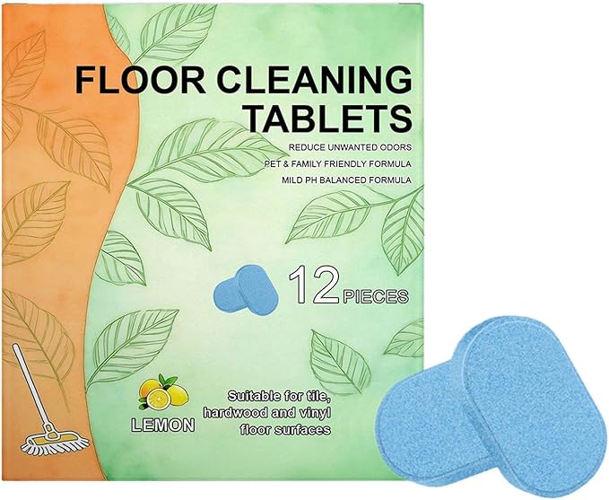 Floor Cleaning Solution Tablet 12pcs Deep Cleans for Multiple Hard Floors, Powerful Floor Cleaner Cleaning Solution Fresh Lemon Scent Compatible with Robot Mops & Wet/Dry Vacuums