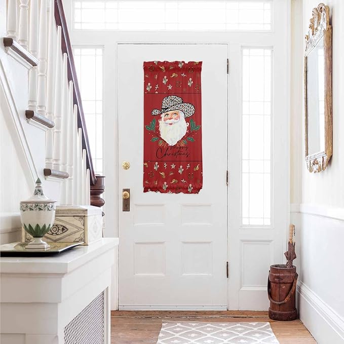 Christmas French Door Curtain Panel for Front Door, Red Leopard Cow Cowboy Hat Santa Claus Slidelight Door Curtains with Tieback Light Filtering Privacy Panels for Doorway Entryway 25"x 40"
