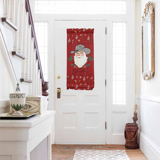 Christmas French Door Curtain Panel for Front Door, Red Leopard Cow Cowboy Hat Santa Claus Slidelight Door Curtains with Tieback Light Filtering Privacy Panels for Doorway Entryway 25"x 40"