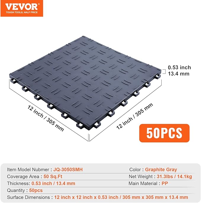 VEVOR Garage Floor Tiles 12 x 12 x 0.53 inch, Interlocking Design Ease of Installation Double-Sided Texture Non-Slip Sturdiness, for Garages, Basements, Repair Shops, Graphite Gray, 50 Pack