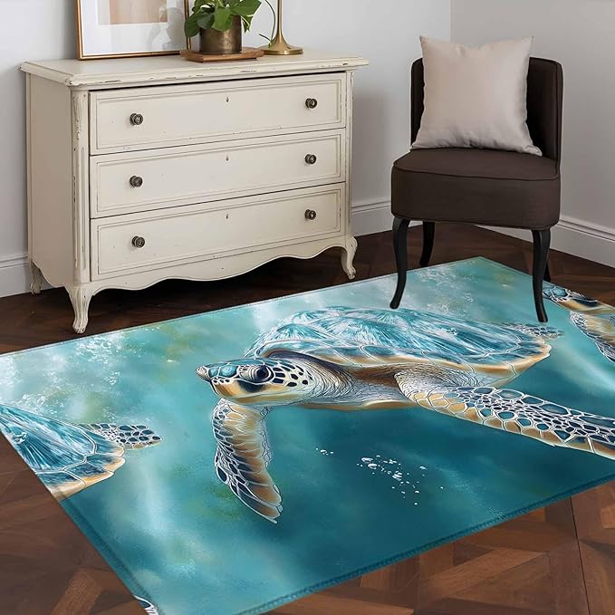Marine Animal 4'x6' Area Rugs, Ocean Turtle Modern Art Abstract Style Washable Area Rugs Non-Slip Indoor Floor Mats Carpet for Living Room Bedroom Dining Room