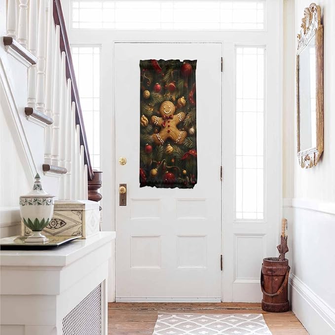 Christmas French Door Curtain Panel for Front Door, Gingerbread Man Pine Branch Xmas Light Balls Slidelight Door Curtains with Tieback Light Filtering Privacy Panels for Doorway Entryway 25"x 40"