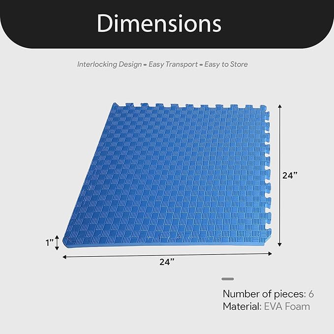 BalanceFrom Puzzle Exercise Mat 1' Thick, EVA Interlocking Foam Floor Tiles for Home Gym, Mat for Home Workout Equipment, Floor Padding for Kids, Blue, 24 in x 24 in x 1 in, 24 Sq Ft - 6 Tiles