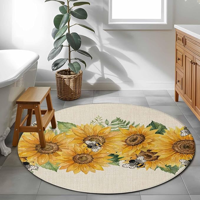 Watercolor Sunflower Cartoon Farmhouse Bee Linen Texture Small Round Rug 3 Ft, Area Rugs Washable Non Slip Indoor Floor Mats Circle Carpet for Living Room Bedroom Dining Room Home Decor