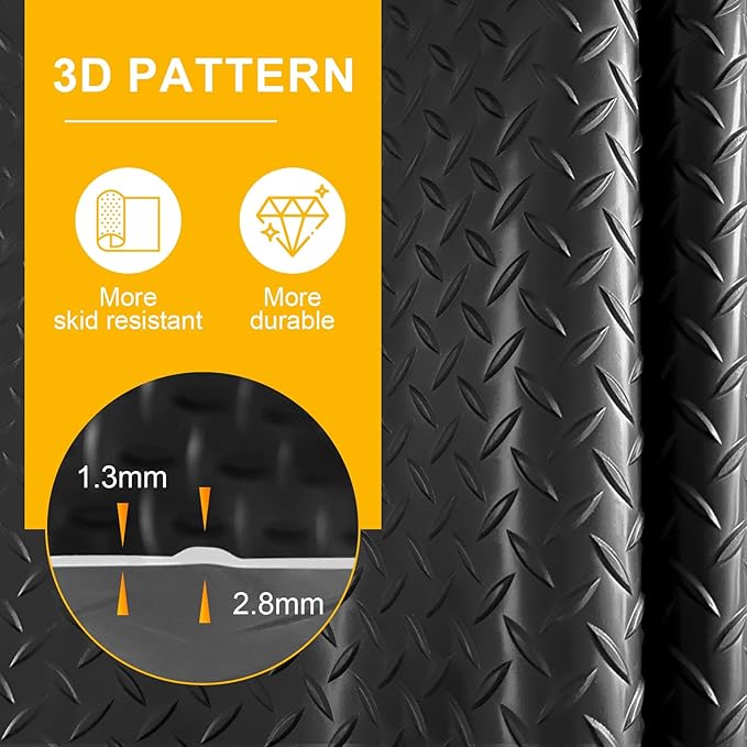 7.5x25 FT Garage Floor Mat, 2.8mm Thickened Flooring Roll Under Car Mat with 20Pcs Tapes, Diamond Plate, Non-Slip Floor Protector Mat for Trailer, Garage, Warehouse, Gyms, Trailer, Black