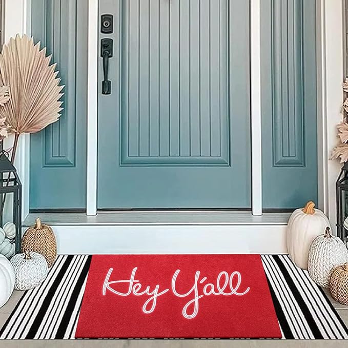 Hey Y'all Outdoor & Indoor Heavy-Duty Doormat - Red, 36" x 24" Low-Profile Entrance Mat
