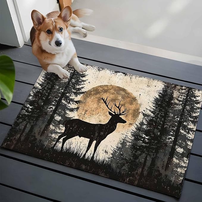 Deer Entryway Rug 2'x3', Elk Silhouette Small Area Rug Non-Slip Front Door Mat Washable Floor Carpet for Indoor Entrance Kitchen Bathroom
