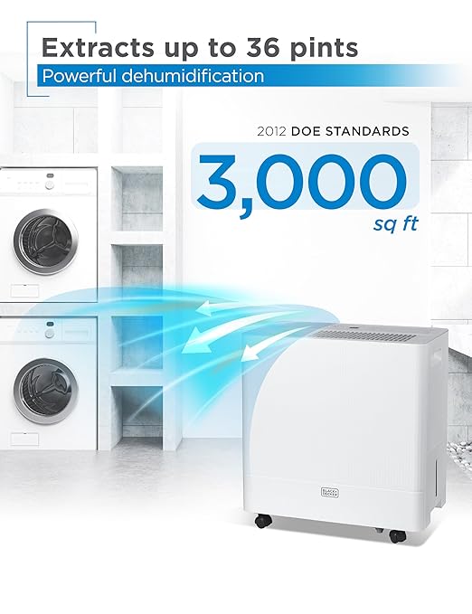 BLACK+DECKER Portable Dehumidifier, Extracts 36.39-Pint Per 24-Hours, Dehumidifier for Home up to 3000 Sq. Ft. Coverage, 10.56-Pint Bucket, Energy Star 6.0 Certified, BDM36WCDA, White
