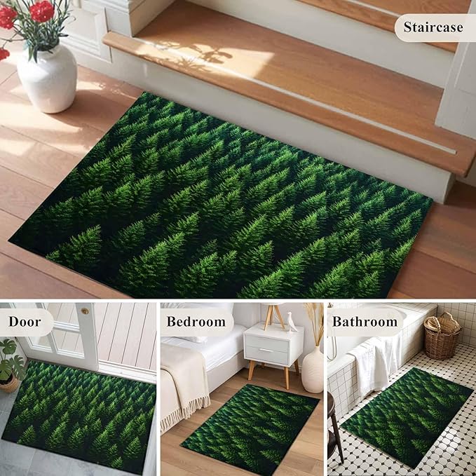 Green Forest Entryway Rug 2'x3', Pine Trees Forest Landscape Style Summer Small Area Rug Non-Slip Front Door Mat Washable Floor Carpet for Indoor Entrance Kitchen Bathroom