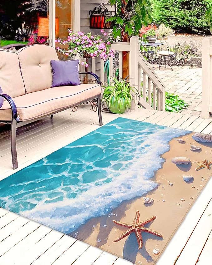 Outdoor Area Rugs for Patio 6'x9' Ocean Gradient Spray Beach Shell Starfish Entryway Rug Carpet Doormat, Large Floor Mat for Porch, Backyard, Apartment Balcony, Deck, Beach