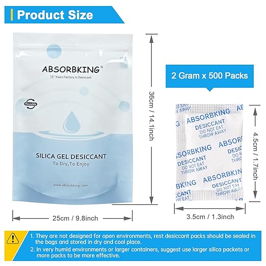 Absorbking Desiccant Packs – 2 Gram 500 Packs Moisture Absorbers, Food Grade Desiccant with Color Indicating, Premium Desiccant Packs for Storage, Great for Spices, Foods, Electronics, Jewelry