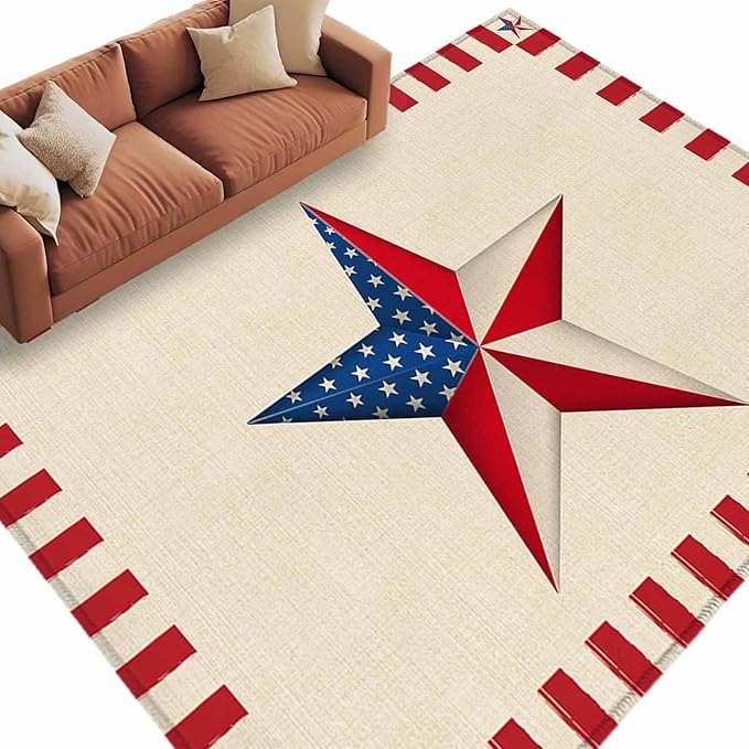 Farmhouse American Flag Pentagram 6'x9' Large Area Rugs, Washable Area Rugs Non-Slip Indoor Floor Mats Large Carpet for Living Room Bedroom Dining Room
