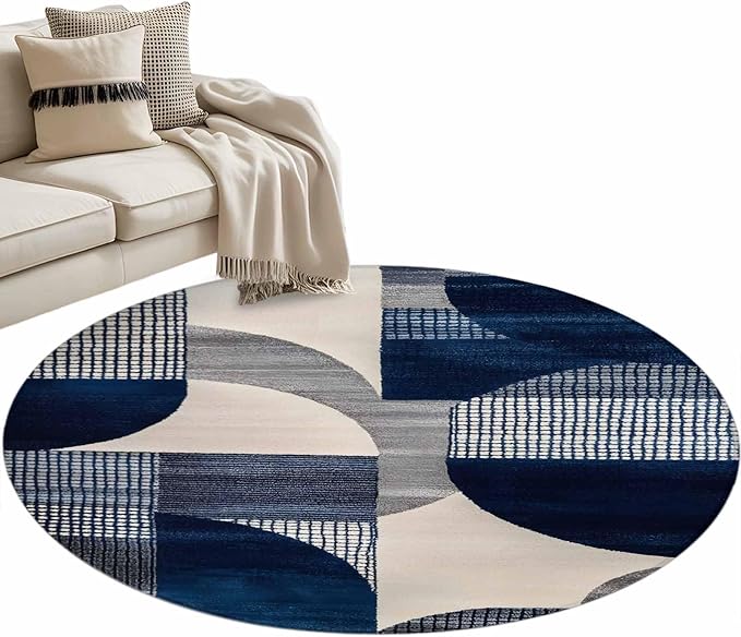 Modernism Round Rug 3.3 Ft, Blue White Geometric Abstract Design Samll Area Rugs Washable Non Slip Indoor Floor Mats Circle Carpet for Living Room Bedroom Dining Room Home