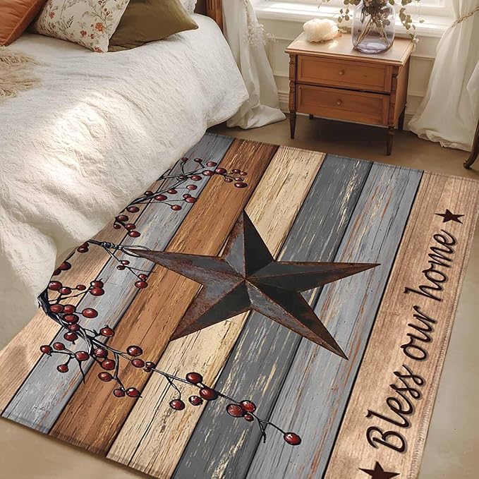 Country Stars Area Rugs 2.7'x5', Vintage Rust Black Star Berry Brown Light Blue Wood Grain Washable Area Rugs Non-Slip Indoor Floor Mats Carpet for Living Room Bedroom Dining Room
