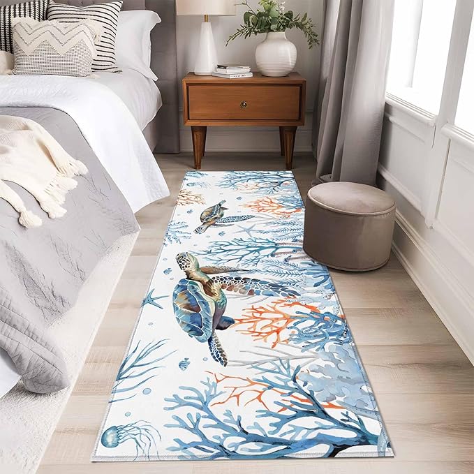 Sea Turtle Runner Rug 2'x6', Seagrass Coral Starfish Hallway Runner Rugs Washable Non-Slip Bedside Floor Mats Carpet for Kitchen Bedroom Laundry Room Bathroom