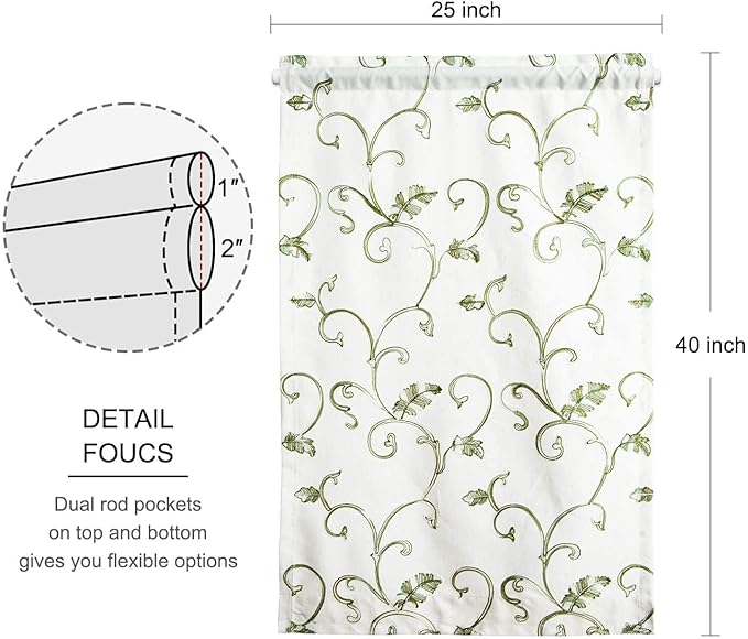 VOGOL Beige Curtains for Door Windows, Green Vines Embroidery Small Short Window Curtain for Bathroom Basement Closet French Door, 25 x 40 Inches, 1 Panel