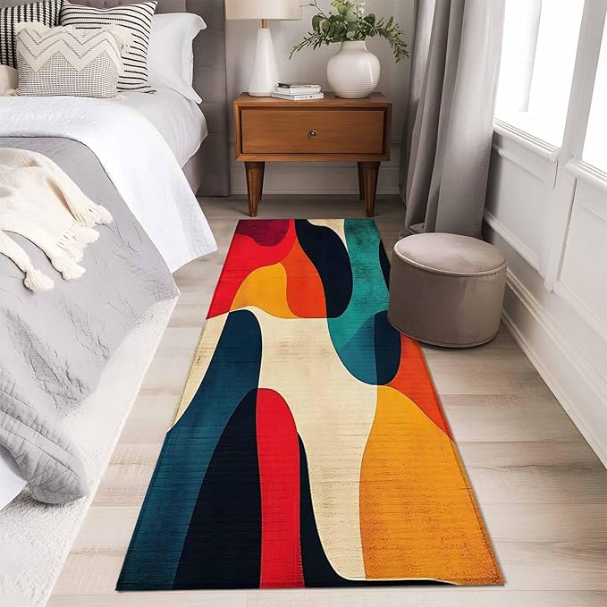 Abstract Art Runner Rug 2'x6', Impressionist Red Blue Color Block Hallway Runner Rugs Washable Non-Slip Bedside Floor Mats Carpet for Kitchen Bedroom Laundry Room Bathroom