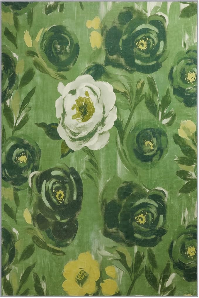 8x10 Camellia Floral Rugs, Modern Washable Flower Pattern Area Rug for Bedroom, Soft Large Non-Slip Kitchen Carpet Floor Door Mat for Living Room Dining Room Office - Green