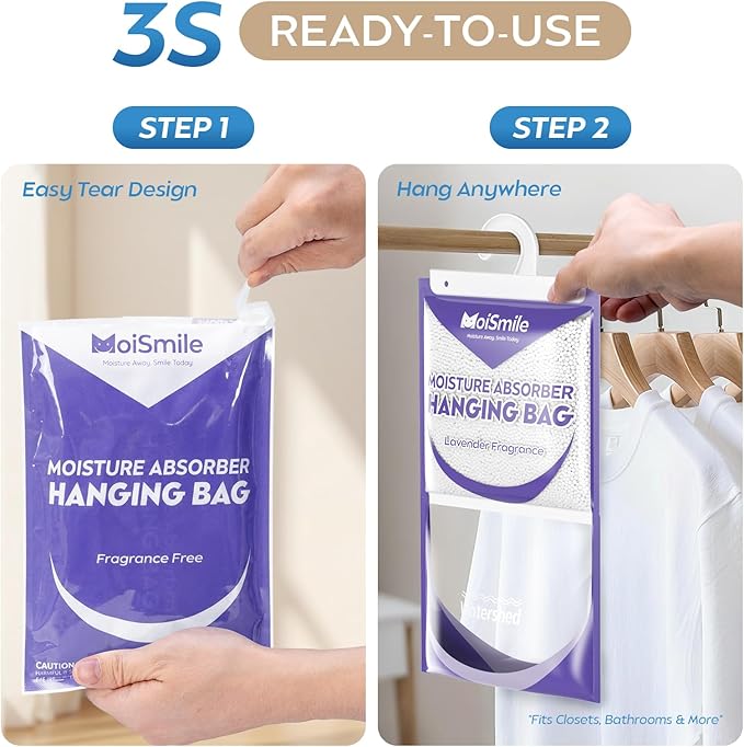 Hanging Moisture Absorbers 3 Pack Net Wt. 17.5oz/Pack, Lavender Fragrance Closet Dehumidifier Bags, Odor Eliminator & Humidity Absorber, Humidity Packs for Bathroom, Bedroom, Basement, Car, RV & Boat