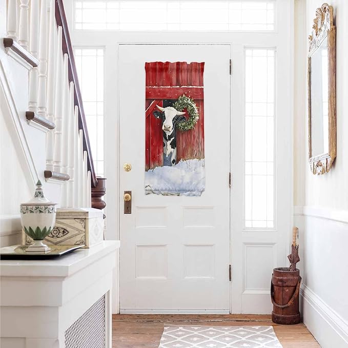 Christmas French Door Curtain Panel for Front Door, Milk Cow Green Christmas Wreath Red Farmhouse Slidelight Door Curtains with Tieback Light Filtering Privacy Panels for Doorway Entryway 25"x 40"