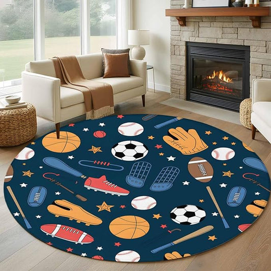 Cartoon Sports Round Rug 5 Ft, Baseball Soccer Basketball Rugby Sneakers Circle Area Rugs Washable Non Slip Indoor Floor Mats Carpet for Living Room Bedroom Dining Room Home Decor