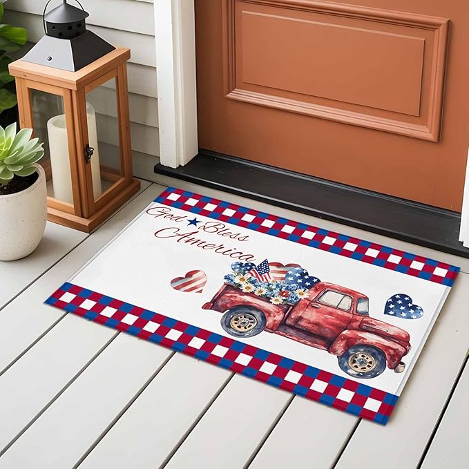 Red Truck USA Flag Stars Entryway Rug 2'x3', God Bless America Small Area Rug Non-Slip Front Door Mat Washable Floor Carpet for Indoor Entrance Kitchen Bathroom