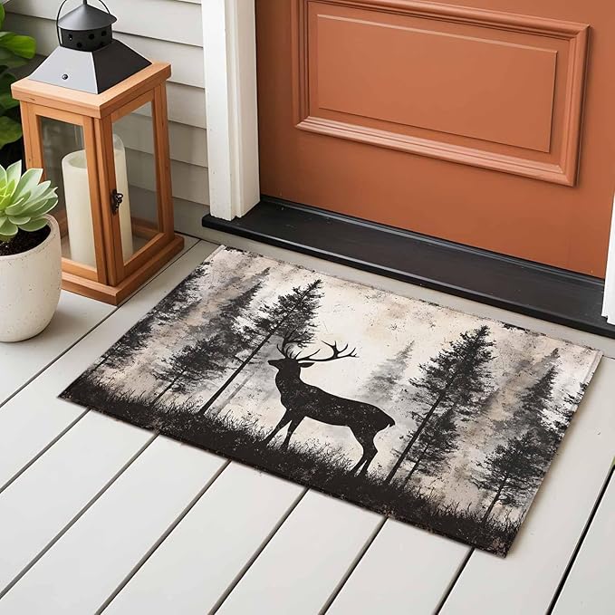 Elk Entryway Rug 2'x3', Deer Silhouette Small Area Rug Non-Slip Front Door Mat Washable Floor Carpet for Indoor Entrance Kitchen Bathroom