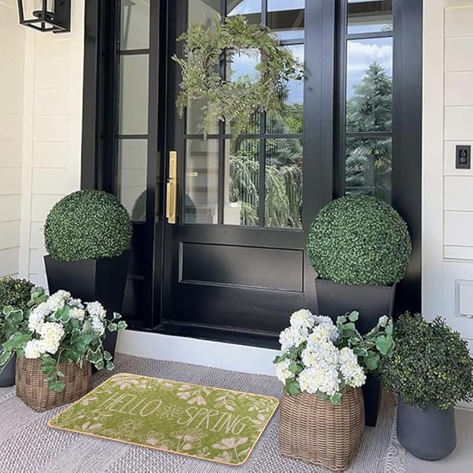 Hello Spring Door Mat Welcome Doormat, Plants Outdoor Rug Leaves Decor Floor Front Door Mat Non-Slip Entrance Mat for Home Kitchen Bathroom Decorations 17 X 29 Inch (Green)