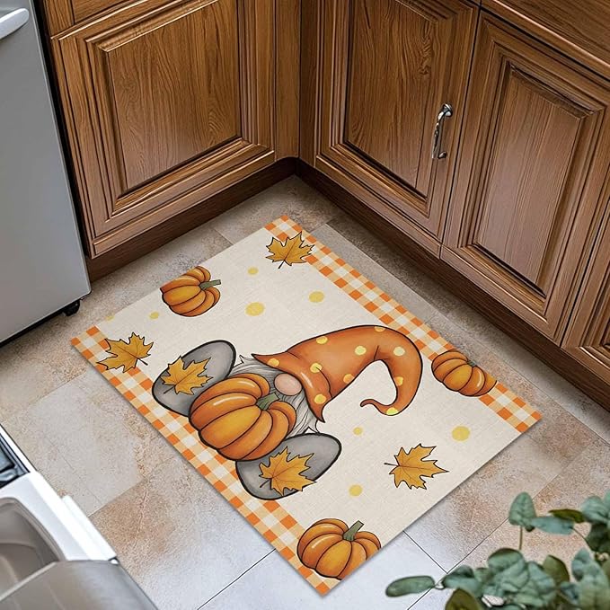Welcome Door Mat 16x24in,Thanksgiving Fall Gnome Pumpkin Indoor Entryway Doormats Non-Slip Bath Rug Absorbent Front Door Mat,Maple Leaves Orange Plaid Flax Floor Carpet for Bedroom Bathroom