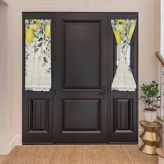 French Door Curtain Panel for Front Door, Vintage Lemon Botanical Plant Eucalyptus Leaves Sage Green Slidelight Door Curtains with Tieback Light Filtering Privacy Panels for Doorway Entryway 25"x 40"