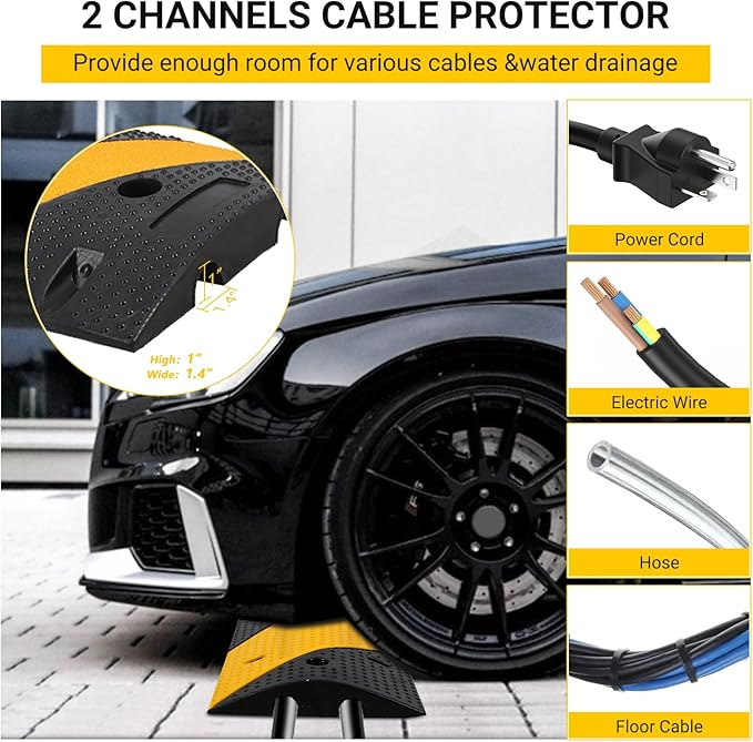3.3 FT Rubber Speed Bump, 2 Pack Speed BumpsTraffic Driveway Speed Bump, Heavy Duty Cable Protector Ramp with Bolts for Parking Lot, Concrete, Garage, Gravel Roads