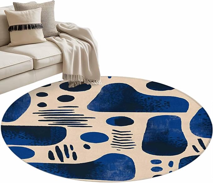 Modernism Round Rug 3.3 Ft, Blue Black Geometric Abstract Style Samll Area Rugs Washable Non Slip Indoor Floor Mats Circle Carpet for Living Room Bedroom Dining Room Home