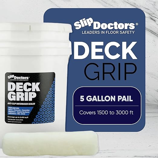 Deck Grip Non-Slip Sealer (5 Gallon) Clear Barefoot-Friendly Anti-Slip Coating - Create Traction for Outdoor or Indoor Floors and Pool Decks